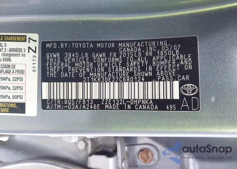 2007 Toyota Matrix Xr from USA, damaged, VIN 2T1KR30E27C680124